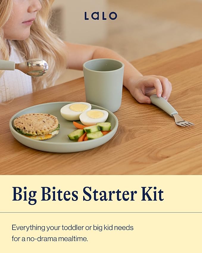 Lalo Big Bites Kids Dinnerware Starter Set - Dishwasher Safe, BPA Free, Kids Tableware Set - Includes Stackable Bowl, Plate, Utensils & Cup - 5 Pieces - Grapefruit