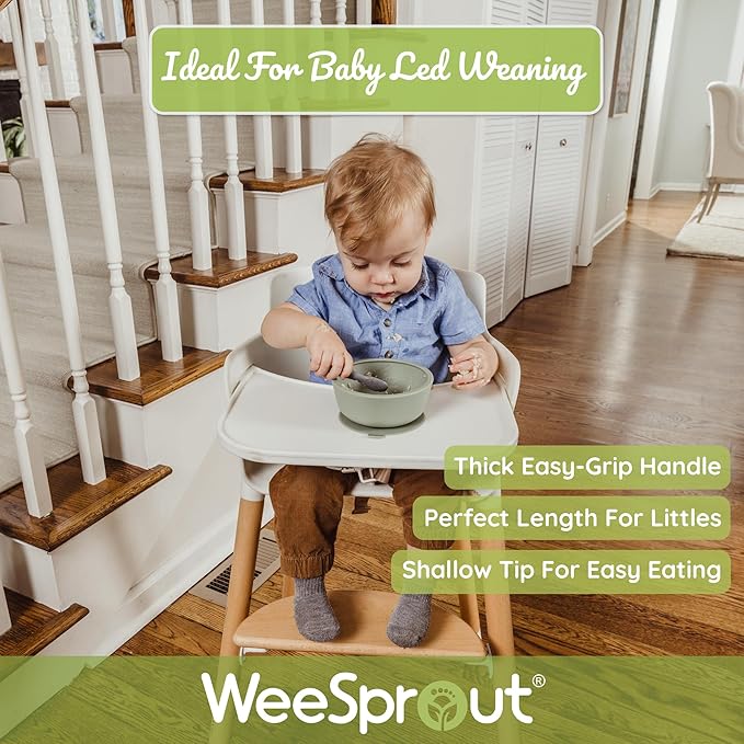 WeeSprout Baby Spoons for Self Feeding 6 Months +, Soft & Durable Silicone Utensils for Sensitive Gums & Teeth, Easy Grip Handles & Shorter Length for Little Hands, 3 Pack + Carrying Case