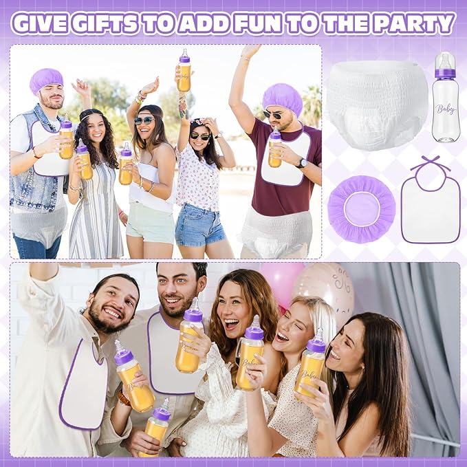 6 Sets Bottle Chug Baby Shower Games Juegos Para Plastic Baby Bottles Bibs Hat Disposable Diapers Gender Reveal Games Baby Changing Diaper Race Game Decoration (Purple)