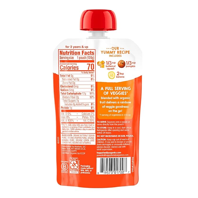 Happy Tot Organics Stage 4 Baby Food Pouches,Gluten Free, Vegan Snack, Love My Veggies, Fruit & Veggies Puree,Squash, Pumpkin & Bananas 4.22 oz Pouch (Pack of 16)