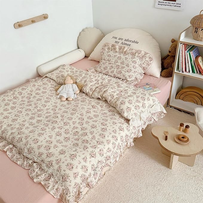 AOJIM Pink Floral Kids Toddler Pillowcase 1 Piece Super Soft Muslin Cotton Bedding Pillowcase with Ruffle Edges, Durable Nursery Pillowcase Aesthetic Print Kids Pillow Cover for Room Decor, 26X20 Inch