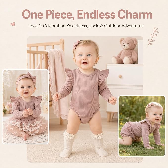 Baby Girl Knit Ruffle Outfit Clothes Ribbed 100% Organic Cotton Solid Color - Image 7