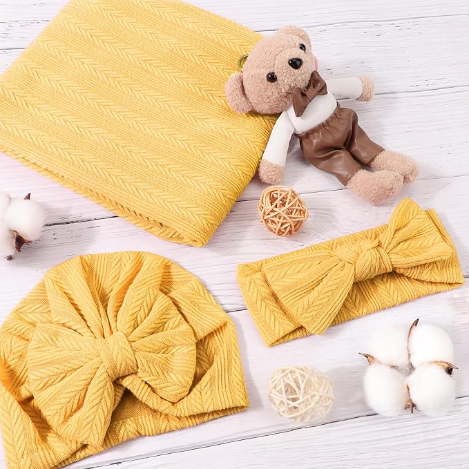 AQOKKA Newborn Receiving Blanket Wheat Ear Bow Hat Hairband Set - Image 3
