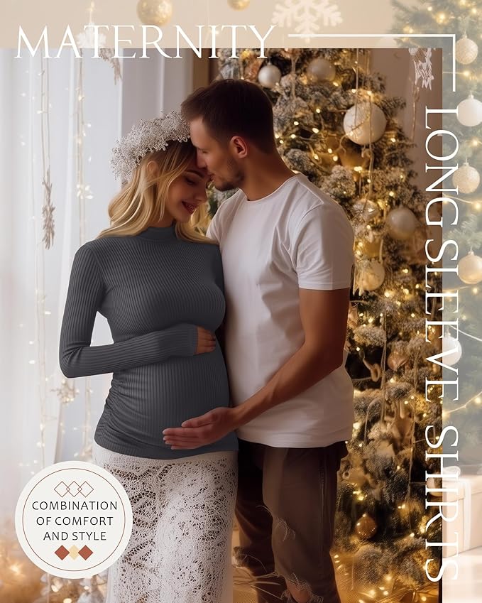 4 Packs Womens Maternity Shirts Long Sleeve Cotton Ribbed Pregnancy Mock Neck Side Ruched Workout Tops for Mama