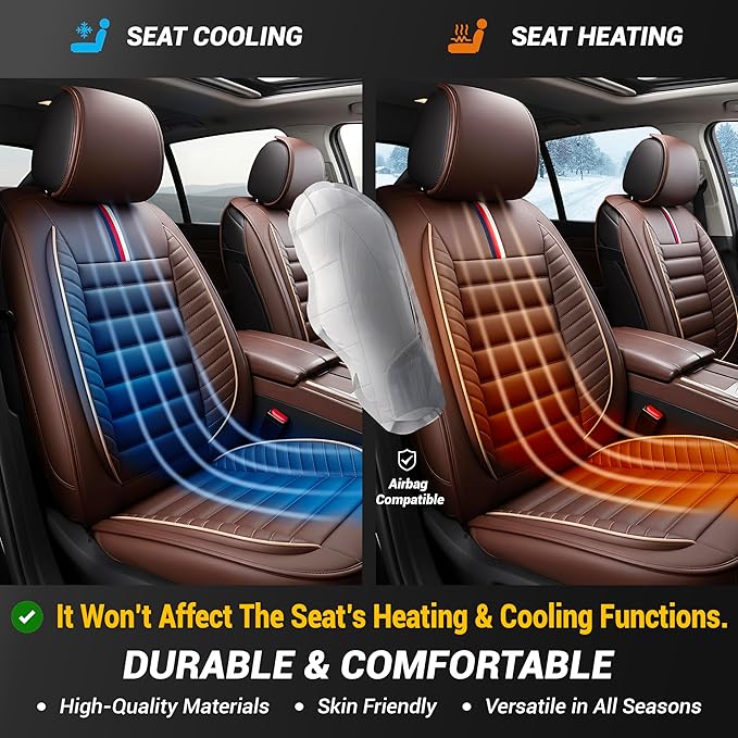 OASIS AUTO Car Seat Covers Premium Waterproof Faux Leather Cushion Universal Accessories Fit SUV Truck Sedan Automotive Vehicle Auto Interior Protector Full Set (OS-001 Brown)