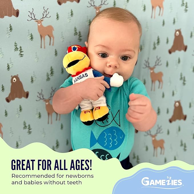 Gamezies Baby Boy and Girl College Mascot Stuffed Toy Plush Silicone Pacifier, Collegiately Licensed, BigJay, University of Kansas CPSIA Tested, BPA-Free 0-6 Months