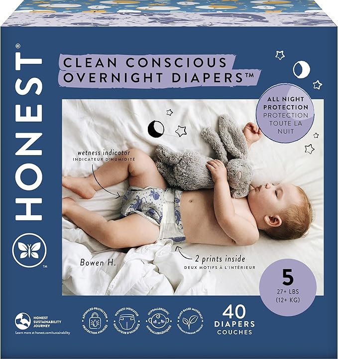 The Honest Company Clean Conscious Overnight Diapers for Sensitive Skin, Hypoallergenic Fragrance-Free Baby Diapers, Cozy Cloud and Star Signs Design, Club Box, Size 5 (27+ lbs), 40 Count