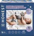 The Honest Company Clean Conscious Overnight Diapers for Sensitive Skin, Hypoallergenic Fragrance-Free Baby Diapers, Cozy Cloud and Star Signs Design, Club Box, Size 5 (27+ lbs), 40 Count