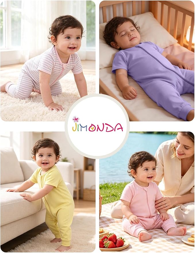 Jimonda Baby Romper Short Sleeve Cotton Pajamas 2-Way Zipper - Image 2