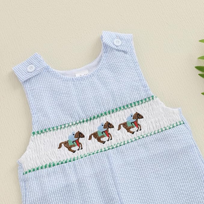 Newborn Baby Boys Sleeveless Seersucker Romper One Piece Straps Overalls - Image 4