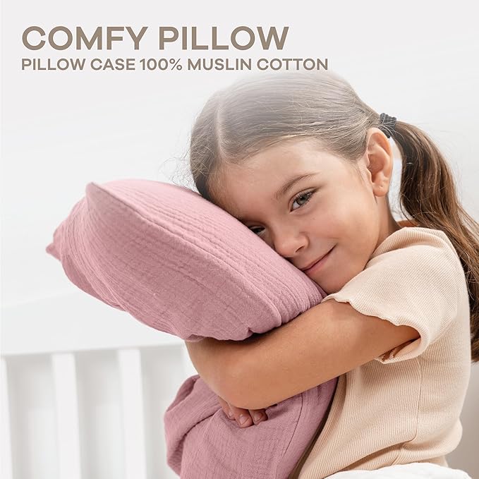 Comfy Cubs Toddler Pillow with Muslin Pillowcase, 13 x 18 in - Travel and Sleep Support for Kids - Lightweight, Breathable Microfiber Fill - Soft and Cozy Small Pillow for Toddlers - Mauve