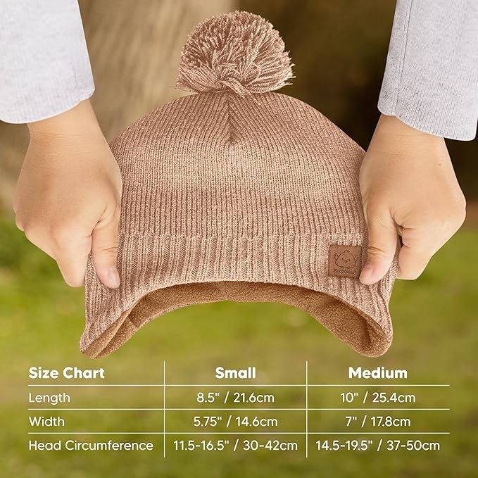 Baby Beanies, Baby Hats for Boys, Girls - Cute Toddler Winter Hat, Soft & Stretchy Beanies for Infant, Newborn 6-36 months, Cozy & Warm with Earflap Muff & Pom (Dune)