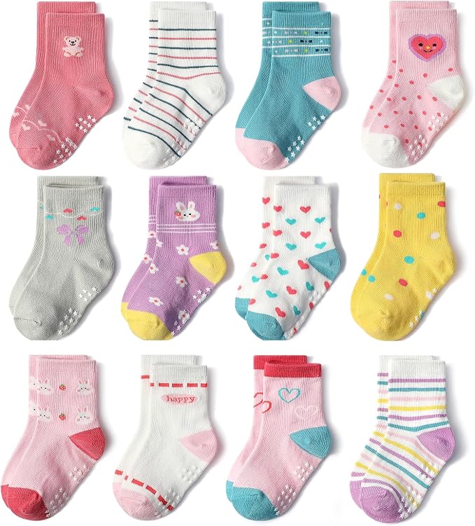 SkiBeaut Baby Toddlers Girls Socks, 12 Pairs Non Slip Kids Grips Toddler Grippy by SKIBEAUT
