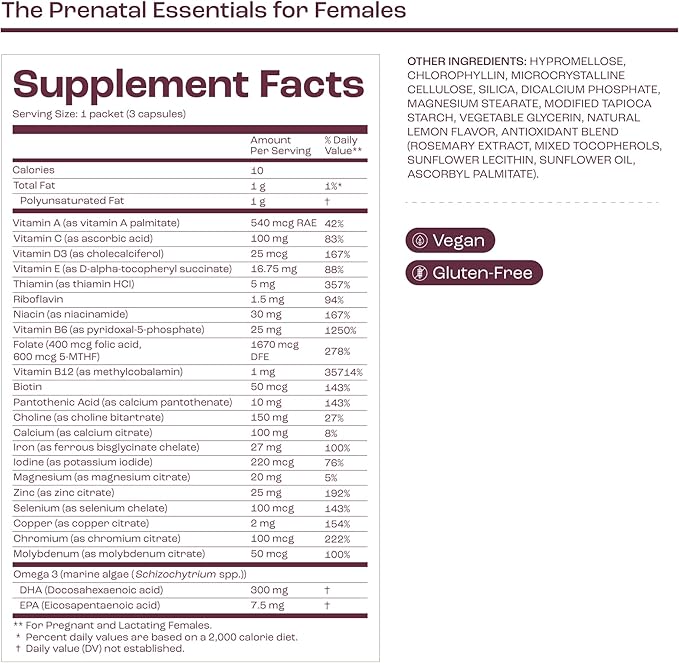 The Prenatal Essentials for Females - Vitamins to Support Pregnancy - Folic Acid, Methylated Folate, DHA (Omega-3), Choline and More - 30-Day Supply