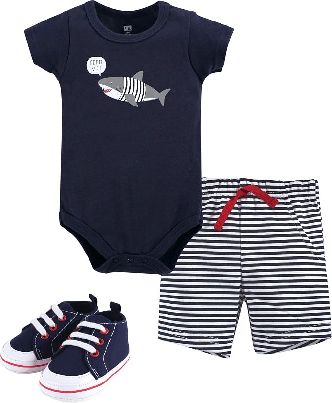 Hudson Baby Unisex Baby Cotton Bodysuit, Shorts and Shoe Set by HudsonBaby