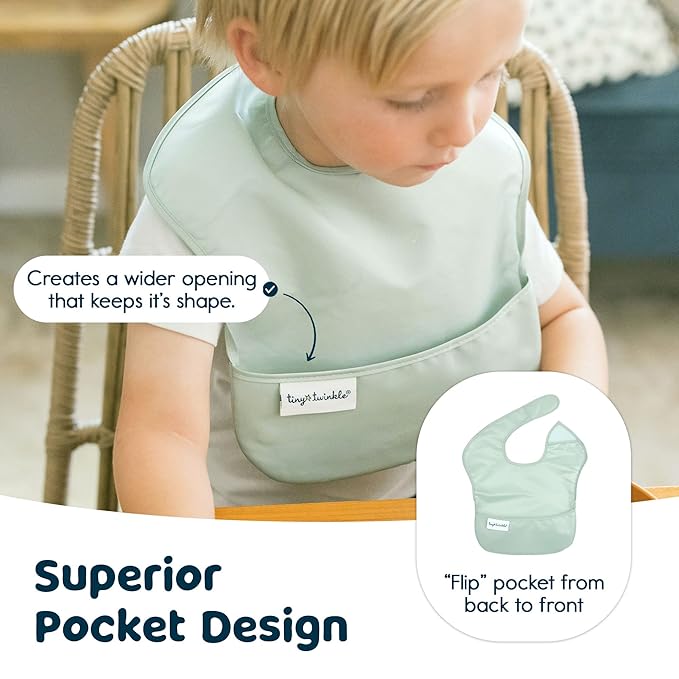 Tiny Twinkle Mess Proof Baby Bibs for Eating – Waterproof, Wipeable Toddler Bibs with Pocket – Baby Food Bibs for Girls & Boys(5 Pack, Boy Spring)