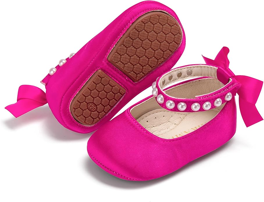 Baby Girls Mary Jane Flats - Infant Newborn Walking Shoes Soft Rubber Sole Princess Wedding