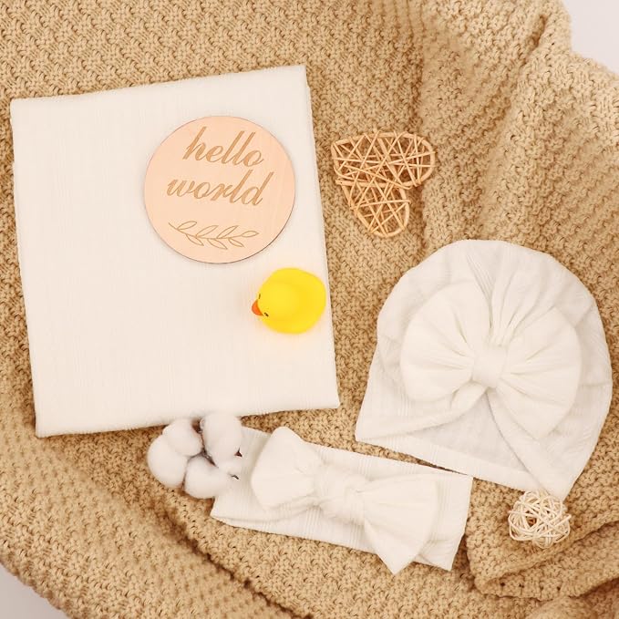 AQOKKA Newborn Receiving Blanket Wheat Ear Bow Hat Hairband Set - Image 2
