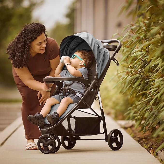 Evolur Breeze Stroller in Grey, Adjustable Backrest & Canopy, Compact Fold Lightweight Baby/Toddler Stroller with Storage Basket
