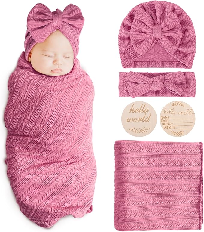 AQOKKA Newborn Receiving Blanket Wheat Ear Bow Hat Hairband Set by AQOKKA