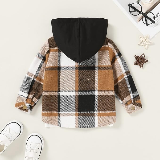 YOUNGER STAR Toddler Kids Boys Girls Flannel Hooded Plaid Shirt Button Baby Red - Image 3