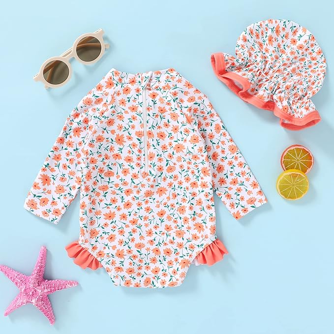 Infant Baby Girl Swimsuit One-Piece Long Sleeve Rash Guard with Hat Set Floral Zipper Bathing Suit Leopard Beach Wear