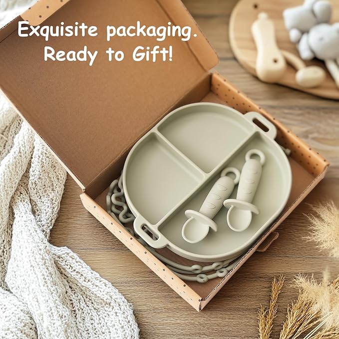 Baby Plates with Suction Silicone Baby Spoons Divided Baby Plates Silicone Baby Safety Toy Straps Baby Bottle Bungees Baby Feeding Set All-in-one-Sage