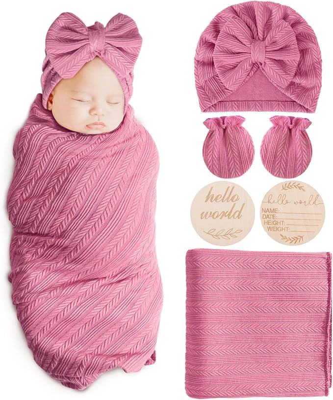AQOKKA Newborn Receiving Blanket Wheat Ear Bow Hat Mitten Set | 4 Set Receiving by AQOKKA