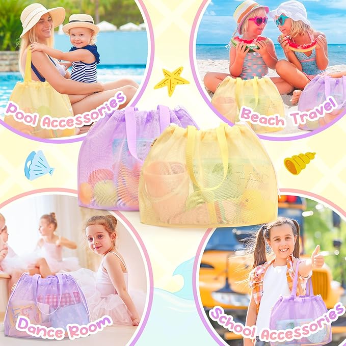 Tagitary Beach Toys Kids Beach Bag Tote with Drawstring,Yellow Purple Mesh Bag Travel Beach Essentials for Kids Swim Pool Gym Bag Camping Accessories Toys Storage Lightweight Foldable Birthday Gifts