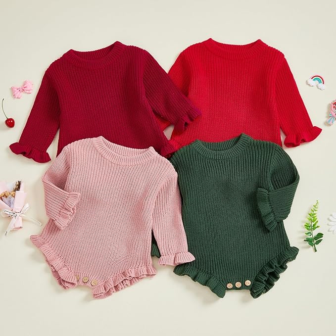 Mubineo Baby Girl Fall Winter Clothes Basic Plain Cute Sweater Romper Outfit - Image 3