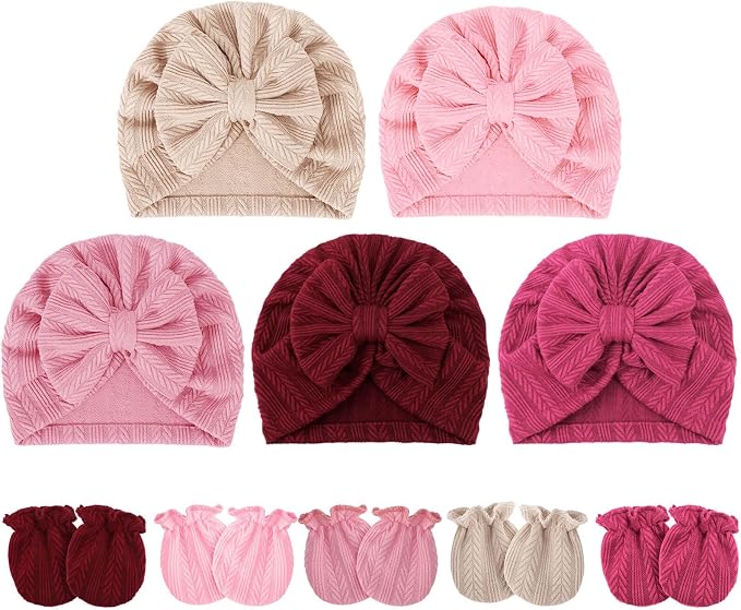 BQUBO Baby Turban Hats and Mittens Set Newborn Infant Hospital Hats Caps by DRESHOW