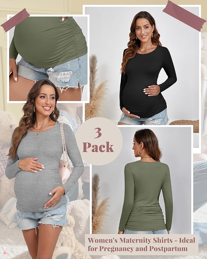Ficerd 3 Pack Women's Maternity Shirts, Long Sleeve Side Ruched Pregnancy Tee Tops Crew Neck Casual Mama Clothes Basic Tunic