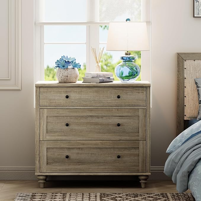 WAMPAT Baby Dresser for Bedroom with 3 Drawers, Kids Dressers with Wide Chest of Drawers, Modern Wooden Closet Storage Organizer, Small Dressers for Living Room, Nursery, Hallway, Rustic Oak