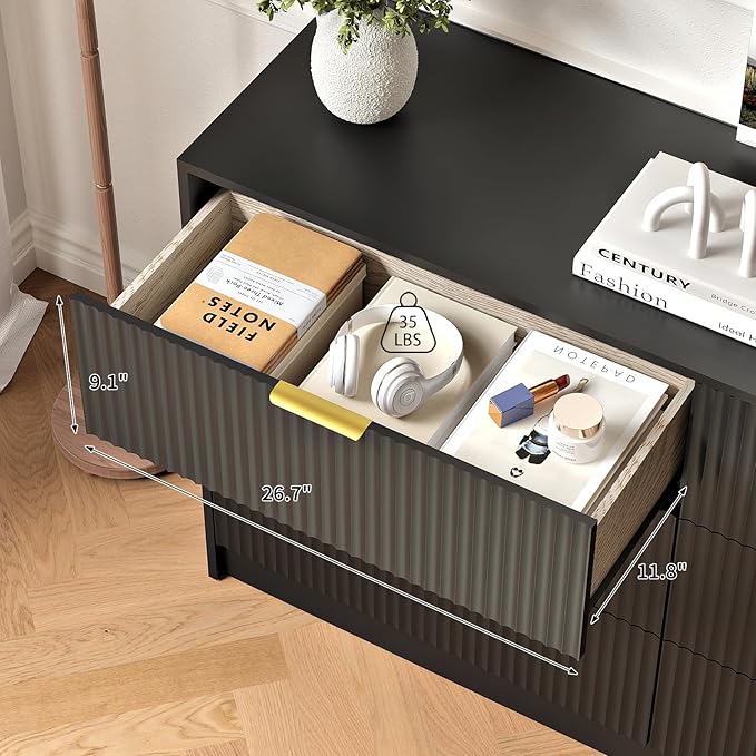 6 Drawers Fluted Dresser for Bedroom, 55" Wide Wooden Dresser with Deep Drawers, Large Floor Chest of Drawers, Modern Long TV Stand, Storage Cabinet Side Table, Black