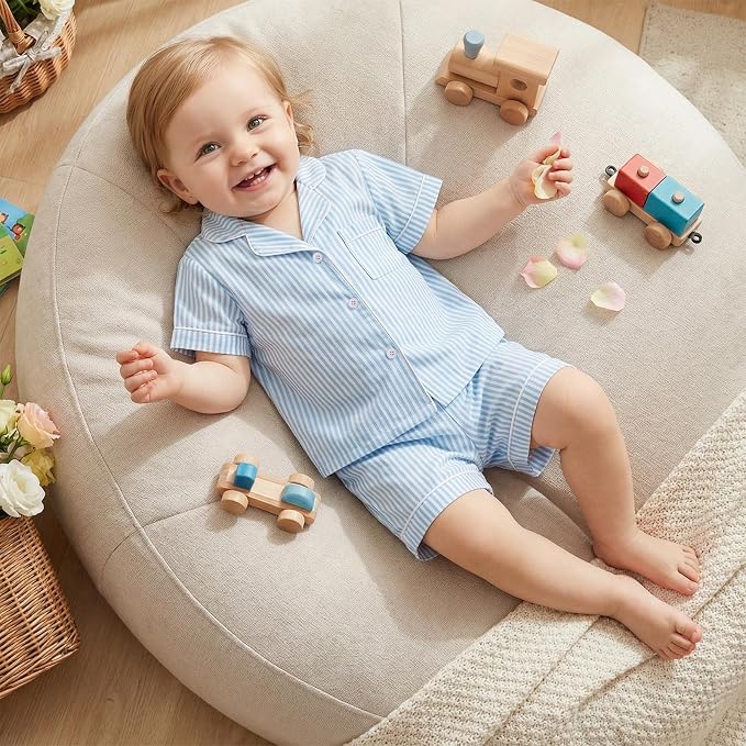FULA-bao Toddler Baby Boy Girl Cotton Pajamas Set Striped Short Sleeve Button - Image 2
