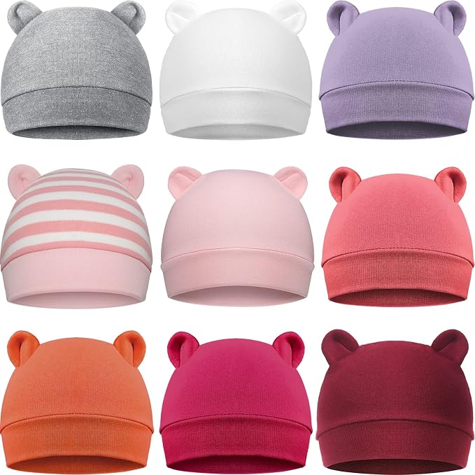 Geyoga 9 Pieces Newborn Baby Hat Bear Ears Infant Caps Baby Boy Girl Toddler by Geyoga