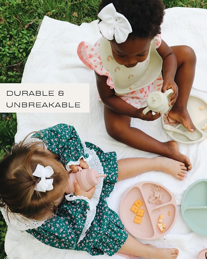 Hippypotamus Toddler Plates with Suction - 100% Food-Grade Silicone Baby Plates with Lids - Microwave & Dishwasher Safe - BPA Free - Set of 3 (Fog/Nude/Sage with LIDS)