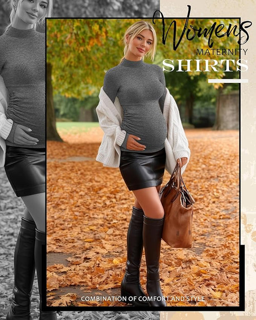 4 Packs Womens Maternity Shirts Long Sleeve Cotton Ribbed Pregnancy Mock Neck Side Ruched Workout Tops for Mama