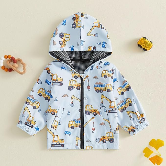 Toddler Baby Boy Lightweight Hooded Jacket Excavator Coat Outwear | Truck Print - Image 5
