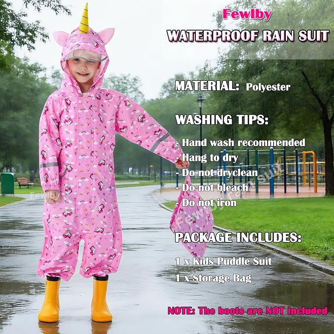 Fewlby Kids Toddler Rain Suit for Boys Girls One Piece Hoodie Zipper Cartoon - Image 4