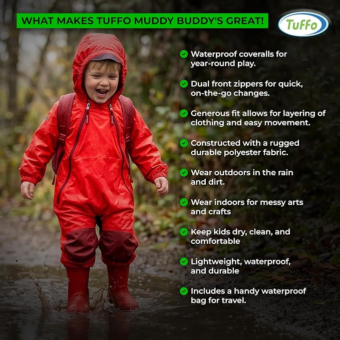 Tuffo Muddy Buddy Kids Waterproof Rain Suit One-Piece Coverall, Dual Zippers - Image 10