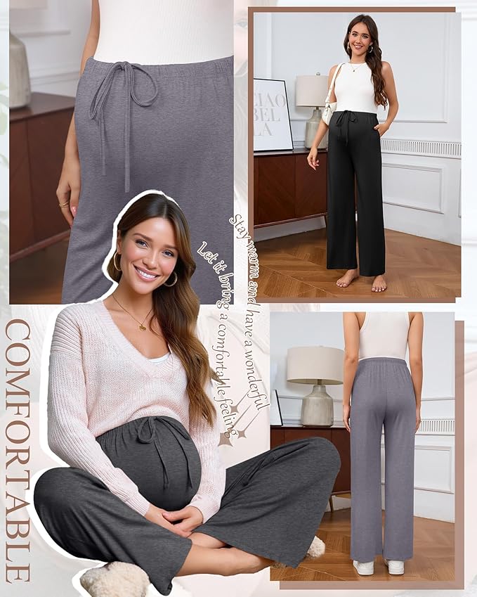3 Pack Maternity Pants for Women Over The Belly Lounge Work Pregnancy Pants Drawing Wide Leg Trousers with Pockets