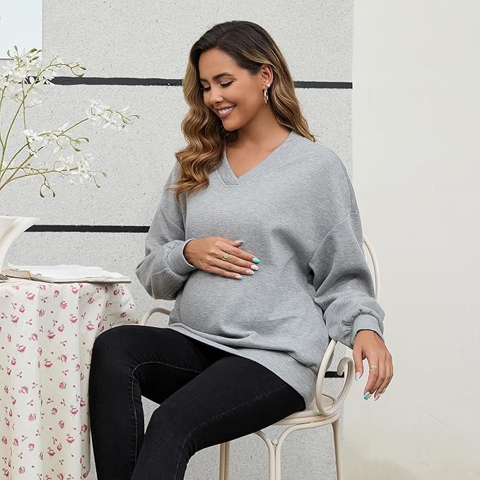 GINKANA Maternity Long Sleeve Shirts V Neck Sweatshirt Casual Tunic Tops Pregnancy Pullover with Pockets