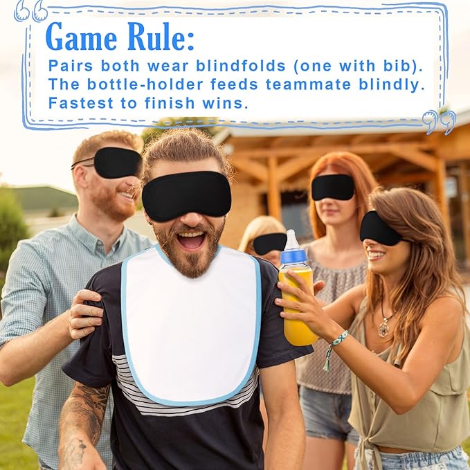 Leinuosen 24 Pcs Baby Shower Blindfold Feeding Game Set Include 6 Plastic Chug Bottles 6 Bib and 12 Eye Mask Blindfold Baby Feeding Bottle Chug Game for Adult Gender Reveal Party Supplies(Blue)