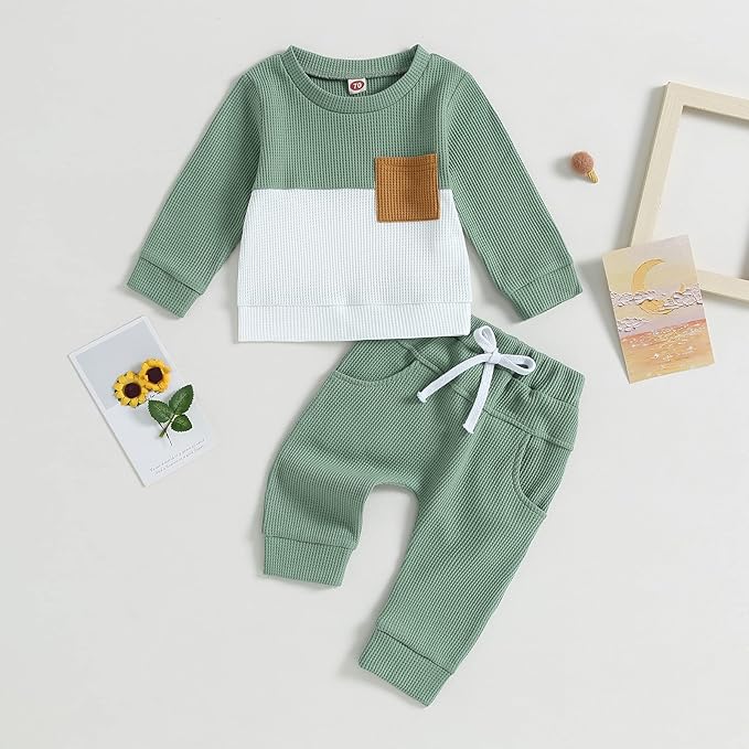 Toddler Baby Boy Fall Clothes Waffle Contrast Color Sweatshirt Pants Sets Infant Winter Outfits 6 12 18 24 Months