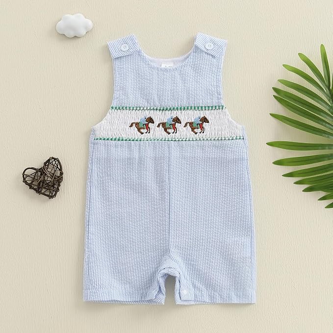 Newborn Baby Boys Sleeveless Seersucker Romper One Piece Straps Overalls - Image 2