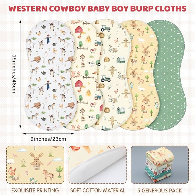 SmoothNovelty 5 Pack Farm Animals Baby Burp Cloths Soft Absorbent Burping Rags - Image 2