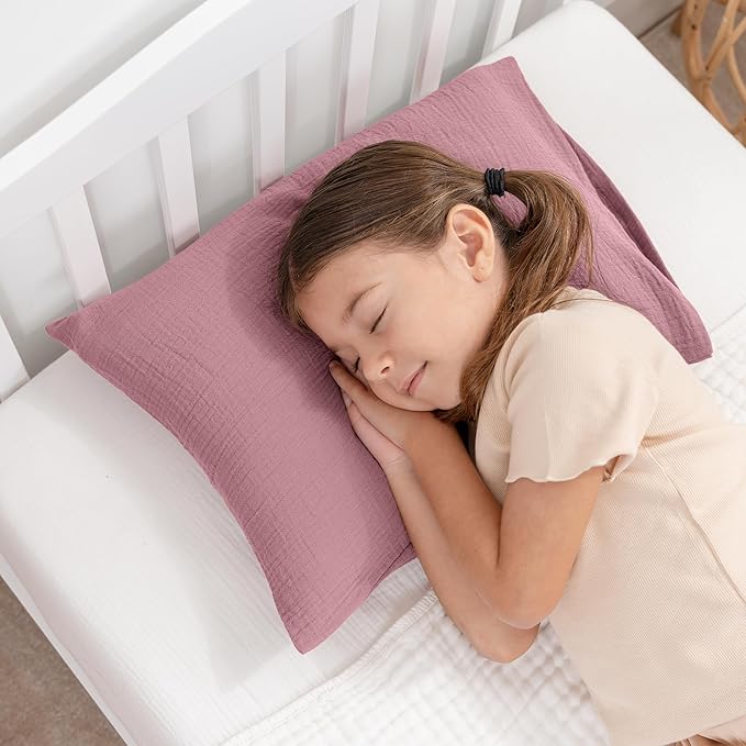 Comfy Cubs Toddler Pillow with Muslin Pillowcase, 13 x 18 in - Travel and Sleep Support for Kids - Lightweight, Breathable Microfiber Fill - Soft and Cozy Small Pillow for Toddlers - Mauve