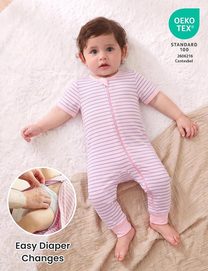 Jimonda Baby Romper Short Sleeve Cotton Pajamas 2-Way Zipper - Image 4