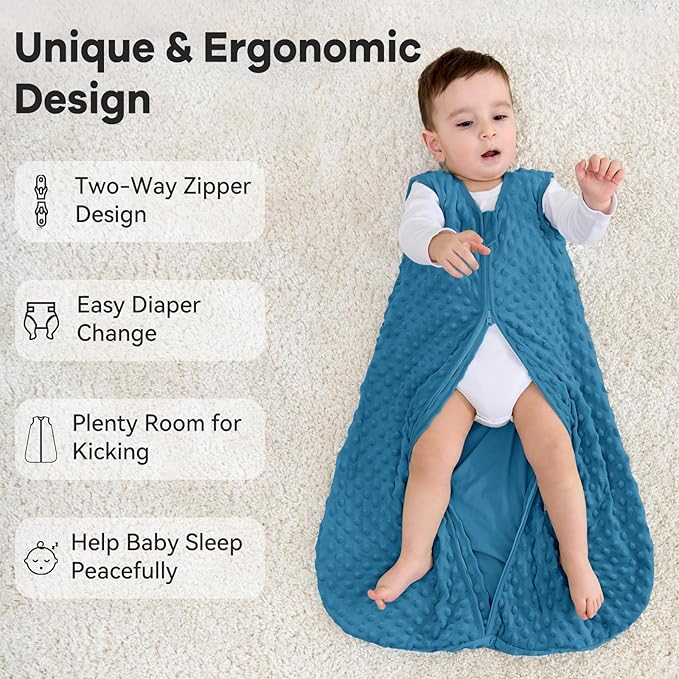 Fleece Baby Sleep Sack 18-24 Months with Plush Dots 1.5 Tog Baby Wearable Blanket with 2-Way Zipper Warm Sleeping Sack for Toddler Infant - XLarge, Sky Blue